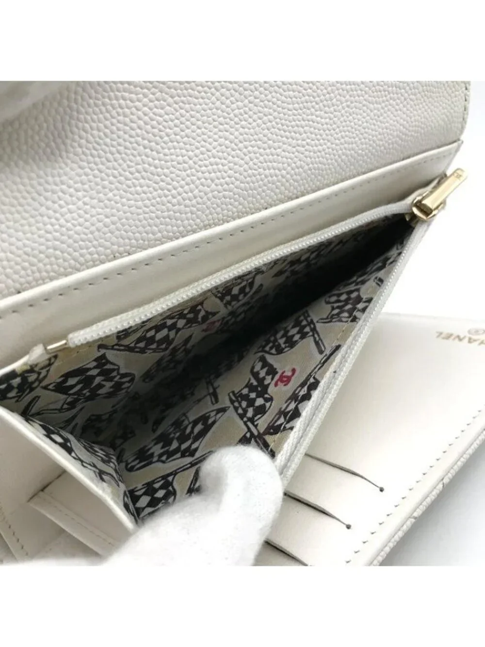 Chanel CC Logo Quilted Caviar Leather Trifold Wallet White Random